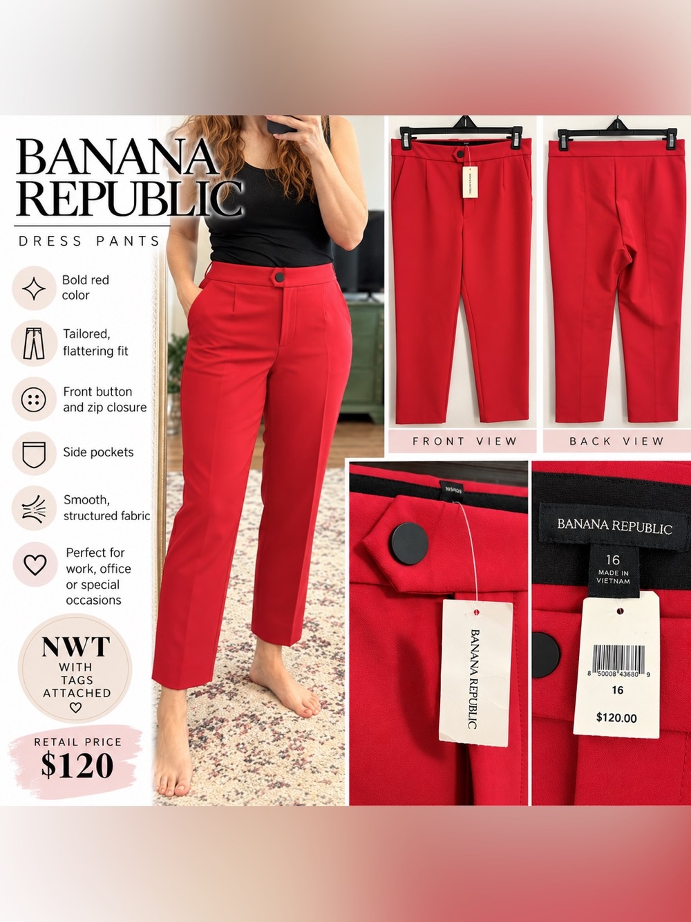Banana Republic Red Cropped Tailored Ankle Pants